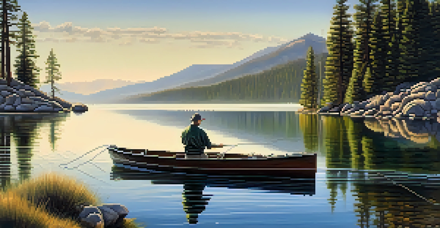 An angler fishing from a small boat on Lake Tahoe with mountains and trees in the background under morning light.