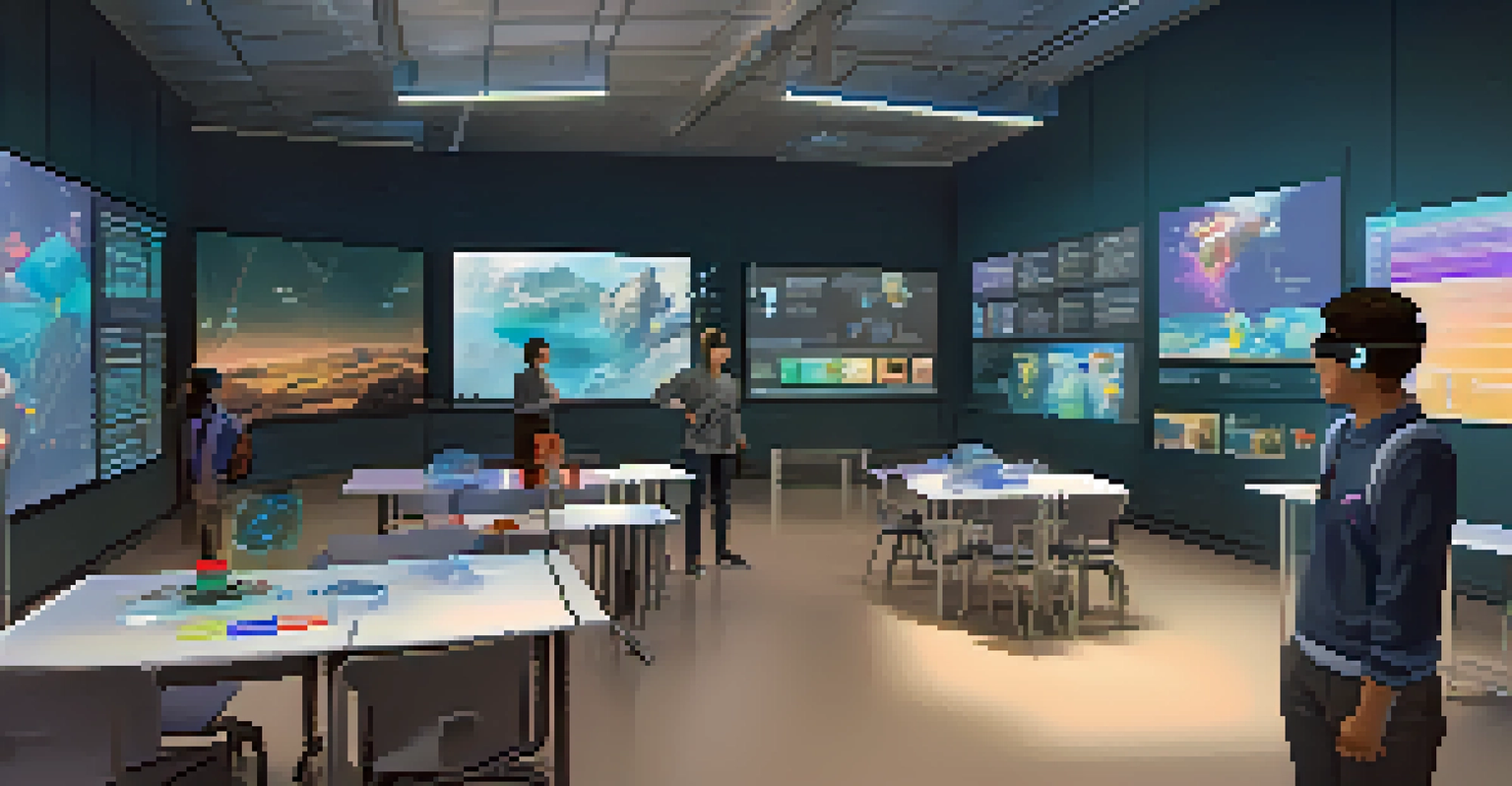 Students wearing VR headsets in a high-tech classroom, interacting with 3D scientific models and surrounded by colorful diagrams.