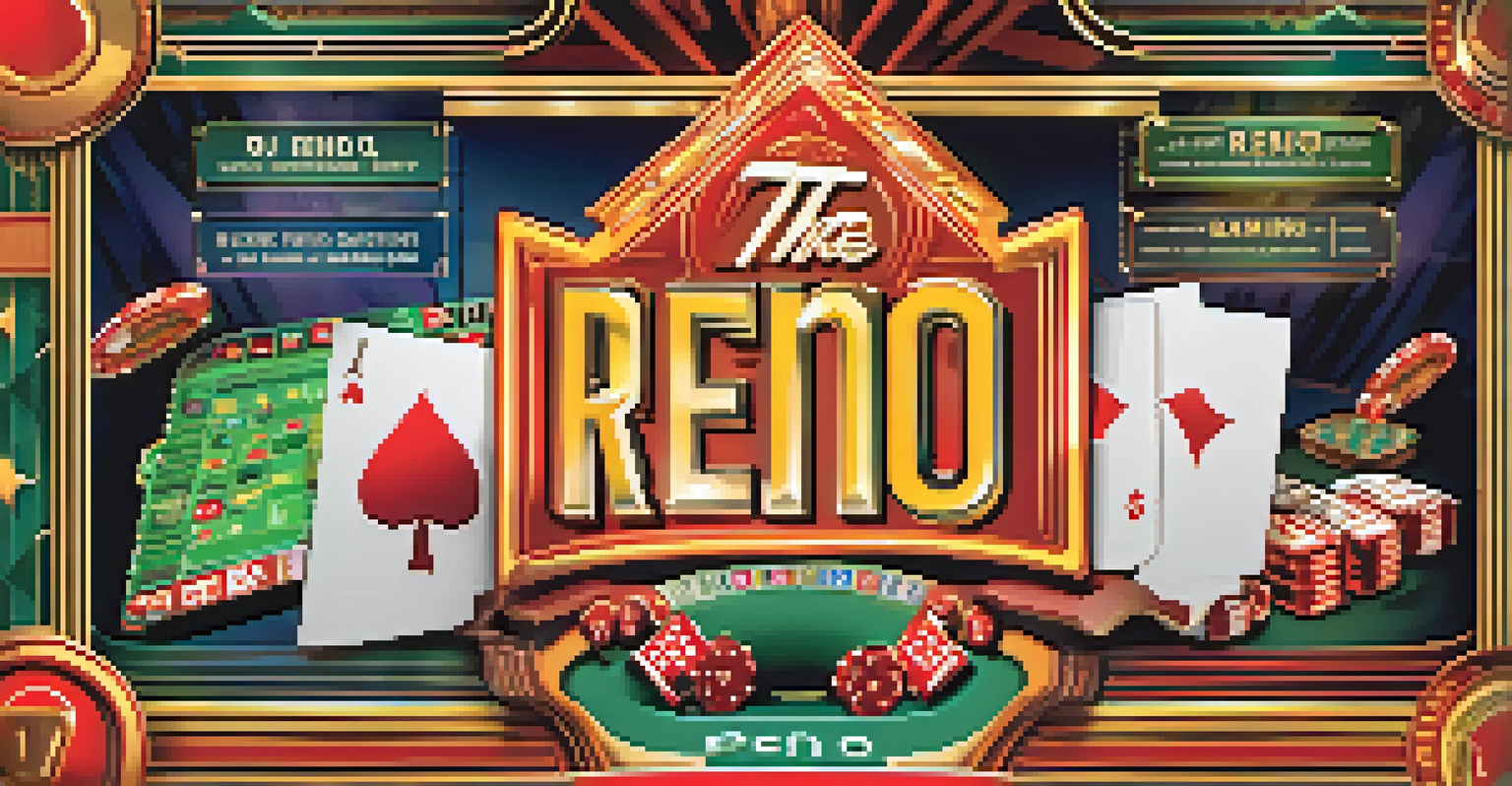 A vintage-style poster promoting Reno as a gaming capital with illustrations of casino games and Art Deco elements.