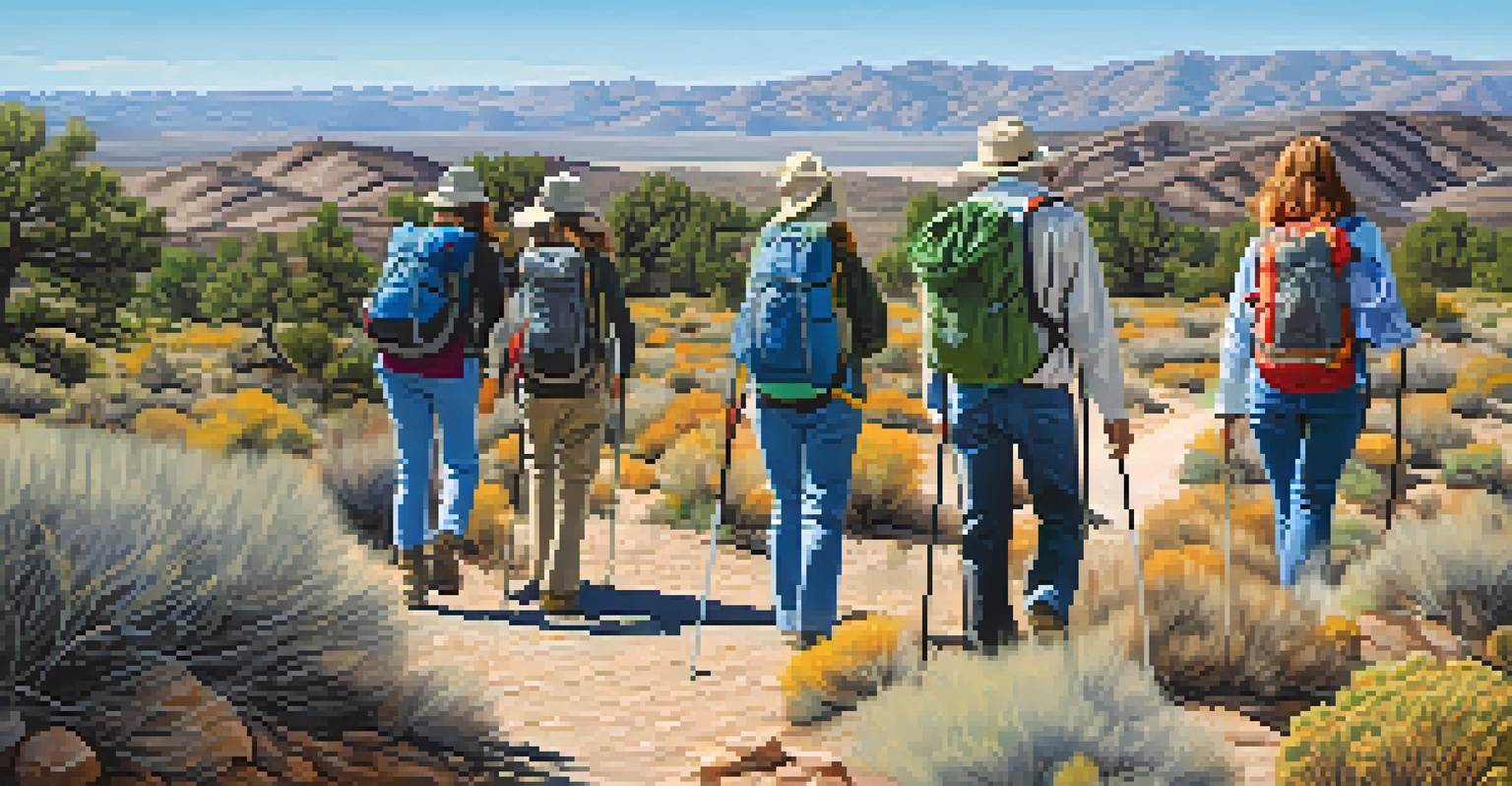 Hikers on a Reno desert trail practicing Leave No Trace, cleaning up the area with a clear blue sky and desert scenery.