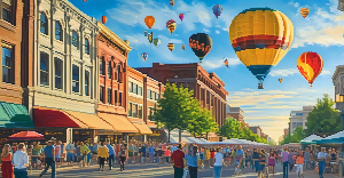 A bustling downtown Reno scene with colorful hot air balloons in the sky, historic buildings, and festival-goers enjoying the event under the warm sunset light.