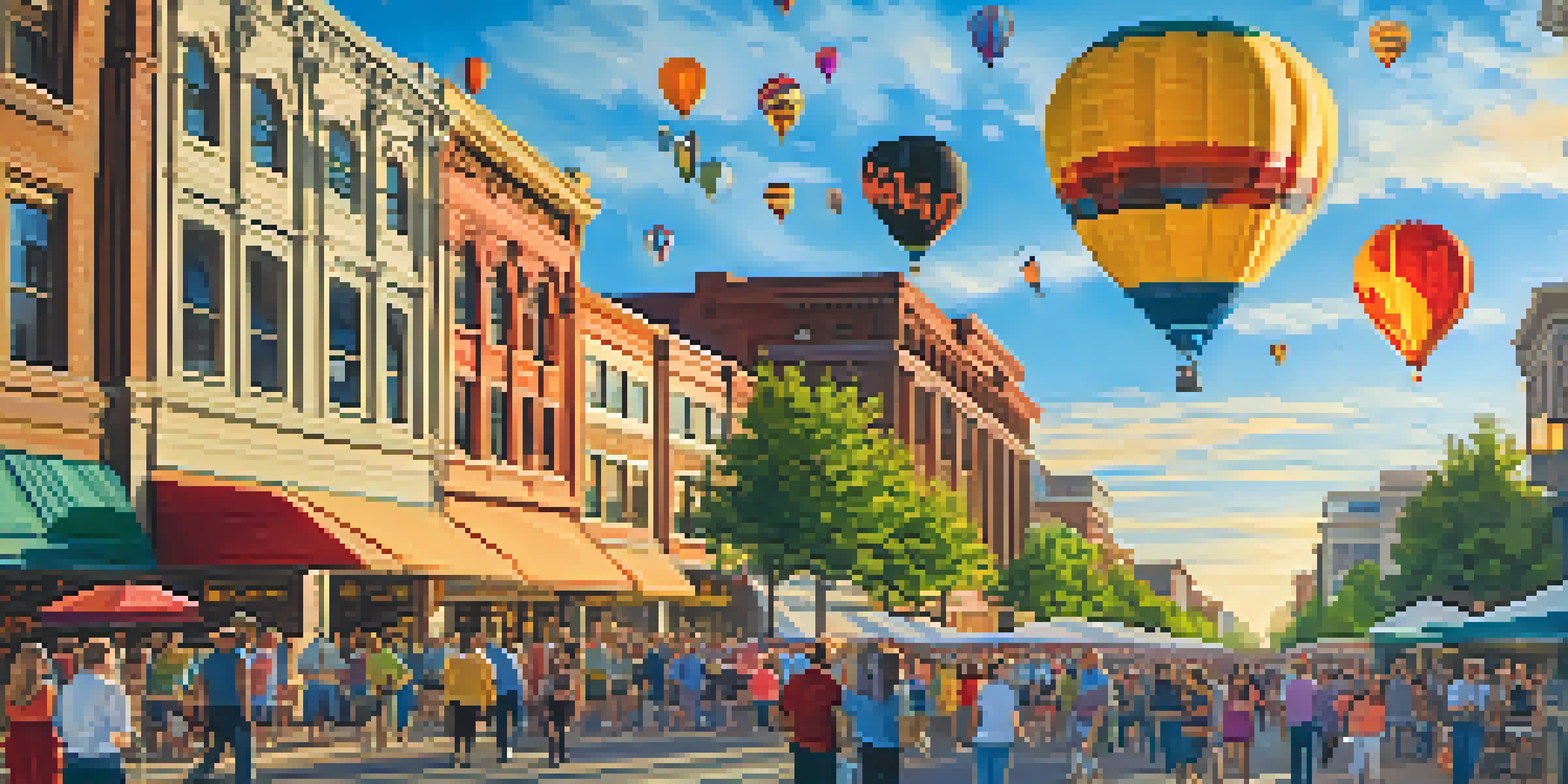 A bustling downtown Reno scene with colorful hot air balloons in the sky, historic buildings, and festival-goers enjoying the event under the warm sunset light.