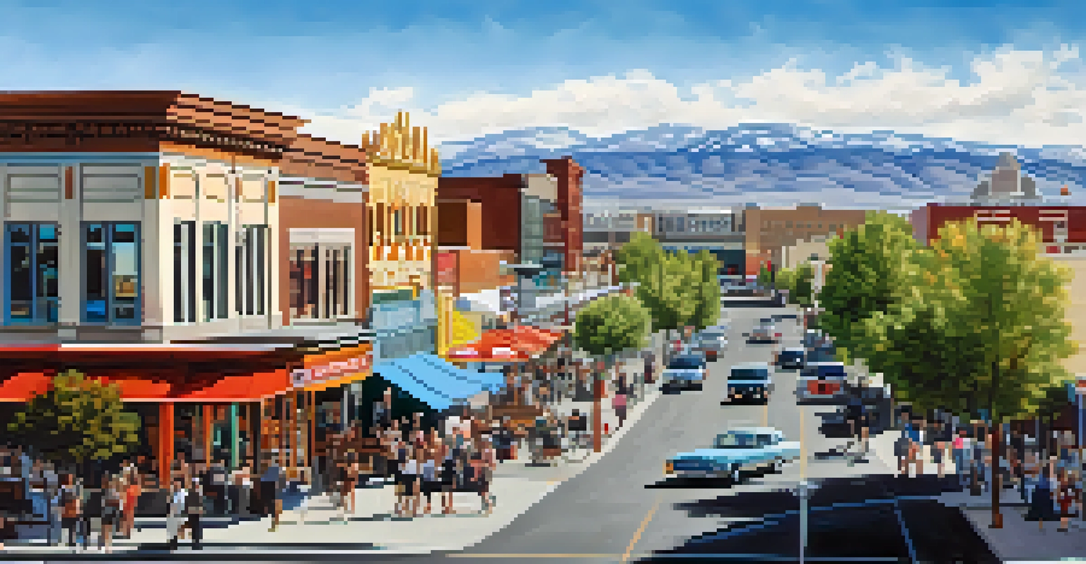 A scenic view of Reno's Midtown district featuring a mix of historical buildings and new developments, with outdoor cafes and art installations.