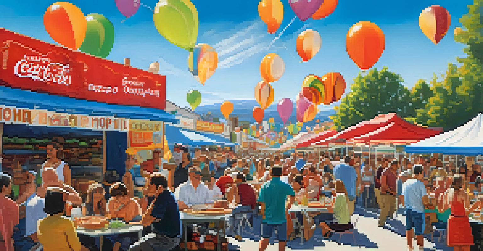 A lively outdoor food festival in Reno with diverse food stalls and people enjoying meals under a bright sky.