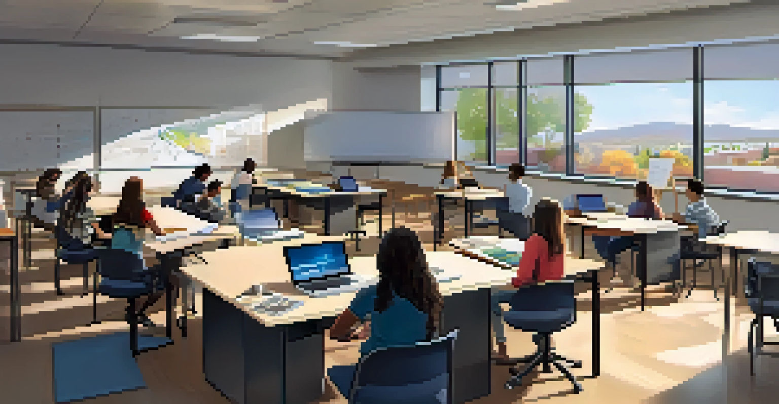 A modern classroom at the University of Nevada, Reno with students collaborating on a project, surrounded by technology and natural light.