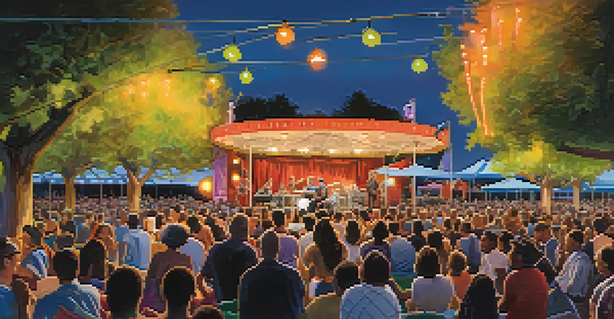 A lively outdoor scene at the Reno Jazz Festival featuring diverse musicians performing on stage, surrounded by an engaged audience and colorful festival decorations.