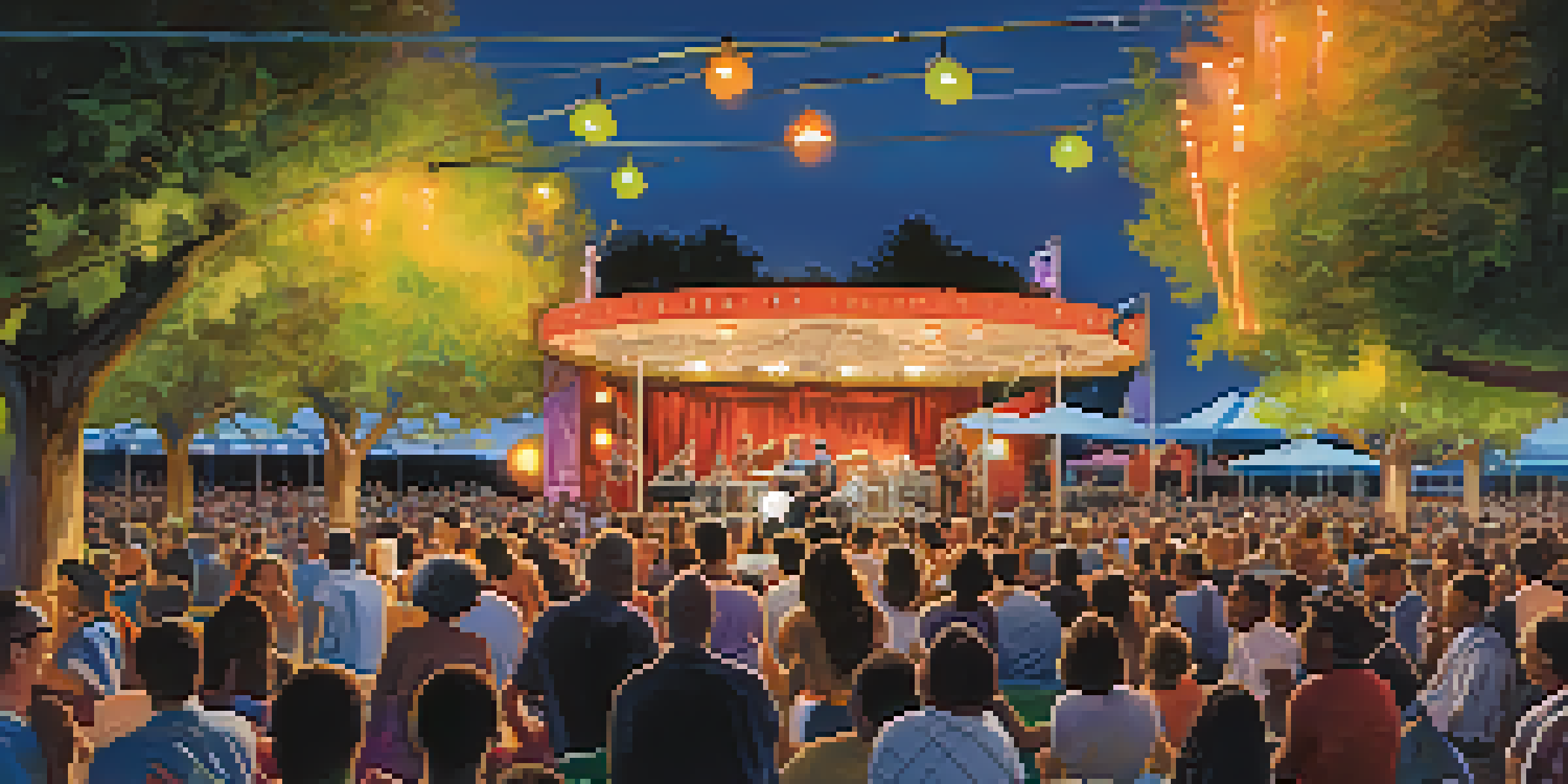A lively outdoor scene at the Reno Jazz Festival featuring diverse musicians performing on stage, surrounded by an engaged audience and colorful festival decorations.