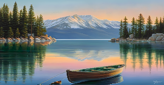 A peaceful morning at Lake Tahoe with an angler fishing from a boat, surrounded by mountains and a colorful sky.