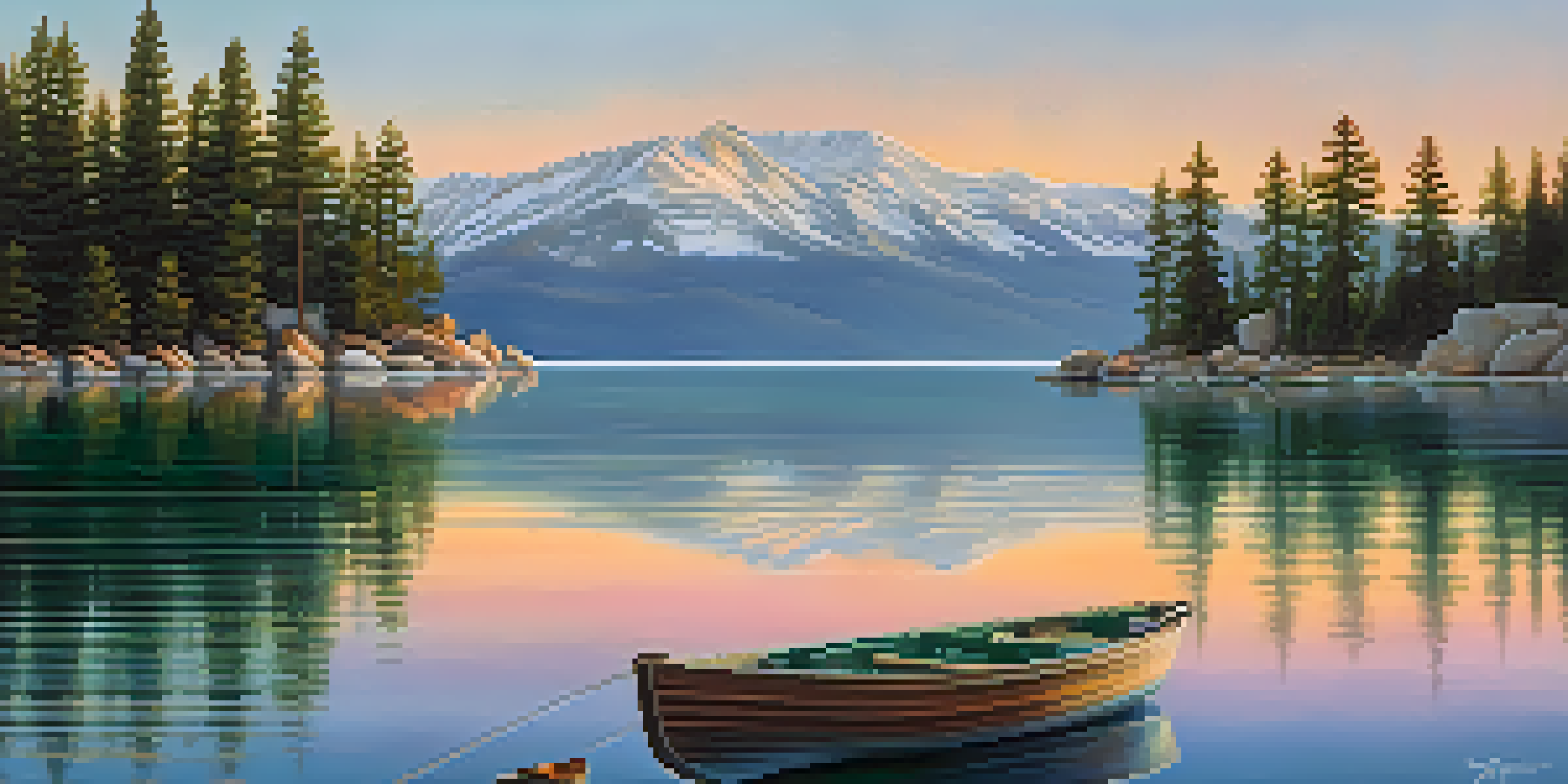 A peaceful morning at Lake Tahoe with an angler fishing from a boat, surrounded by mountains and a colorful sky.