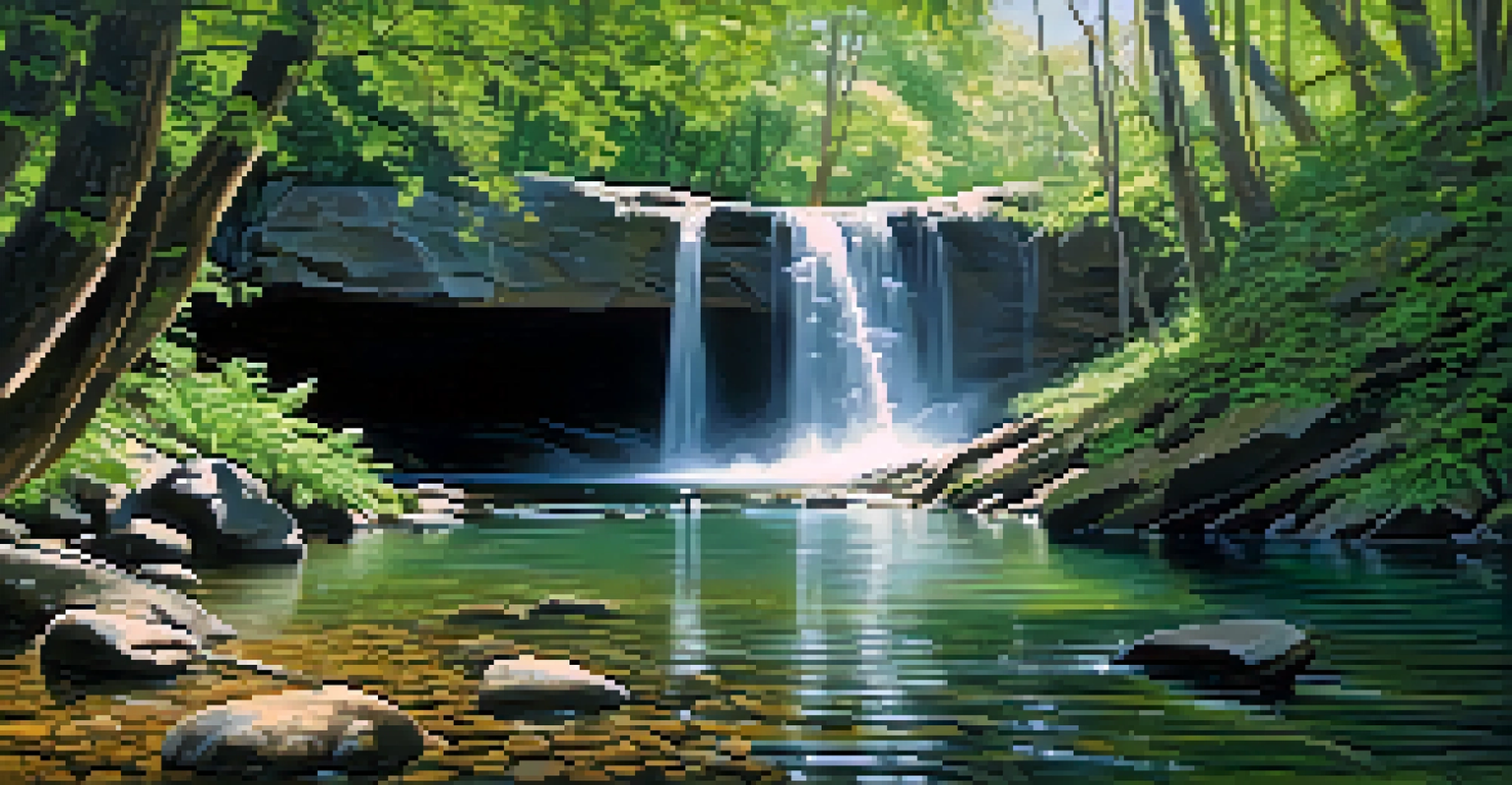 A serene waterfall at Hunter Creek Trail surrounded by green vegetation and dappled sunlight.