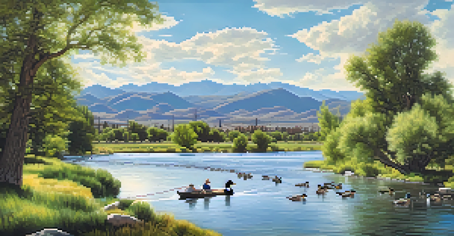 A lively scene of the Truckee River in Reno, featuring ducks and a fisherman with mountains in the background.