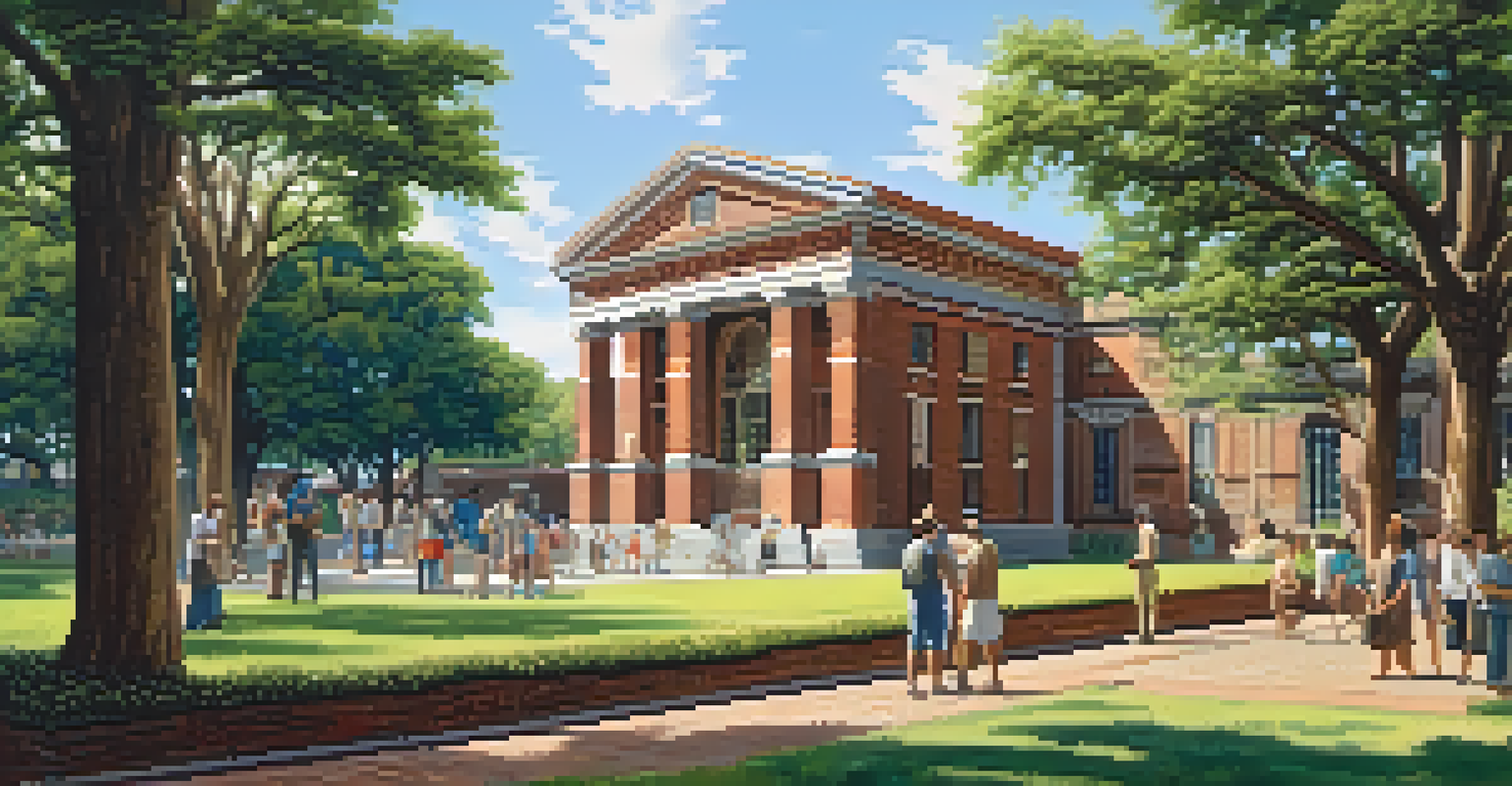 A historic building surrounded by greenery, with visitors exploring and reading plaques about its historical significance under a blue sky.