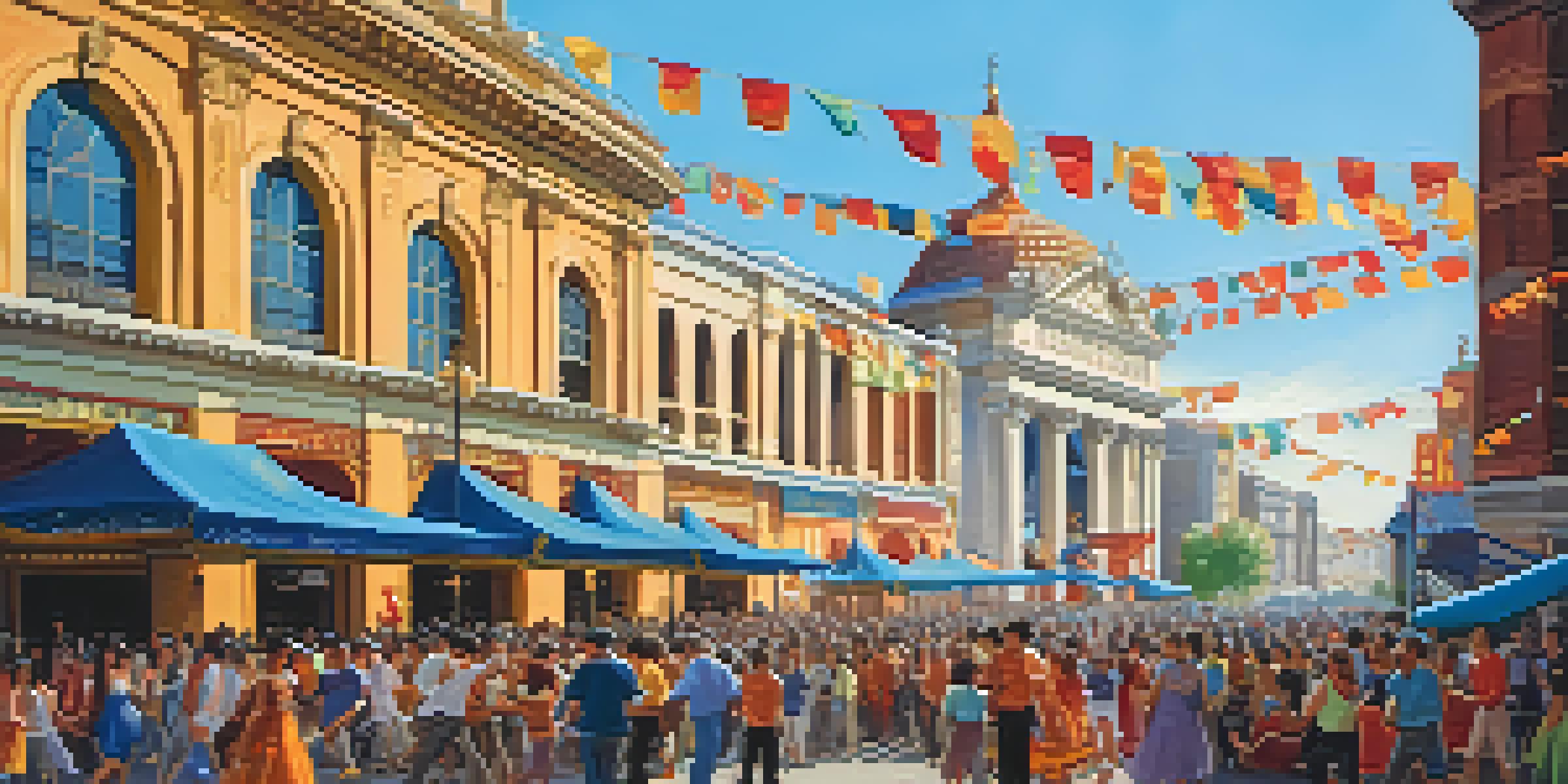 A lively street scene during a theater festival with colorful banners, diverse crowd, and a classic theater building in the background.