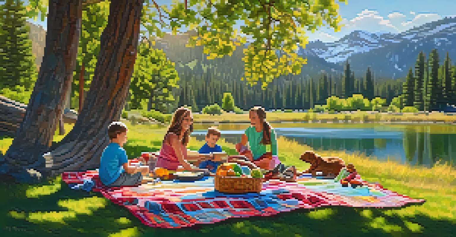 A family picnic scene along Galena Creek Trail with a colorful blanket, food basket, and children playing in the background.