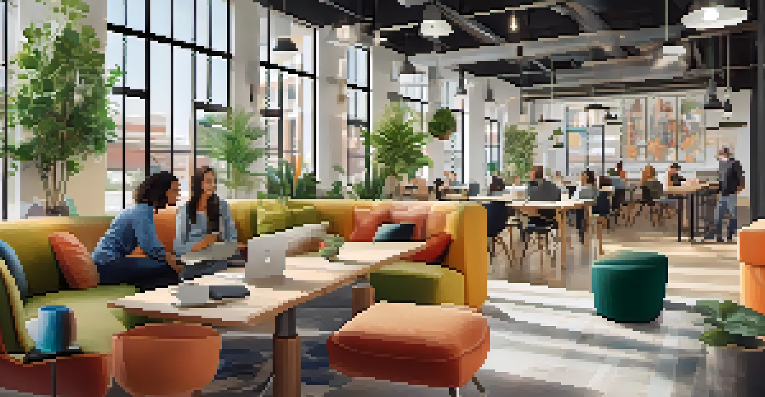 An interior of a co-working space in Reno, filled with diverse professionals and modern decor, featuring large windows and vibrant colors.