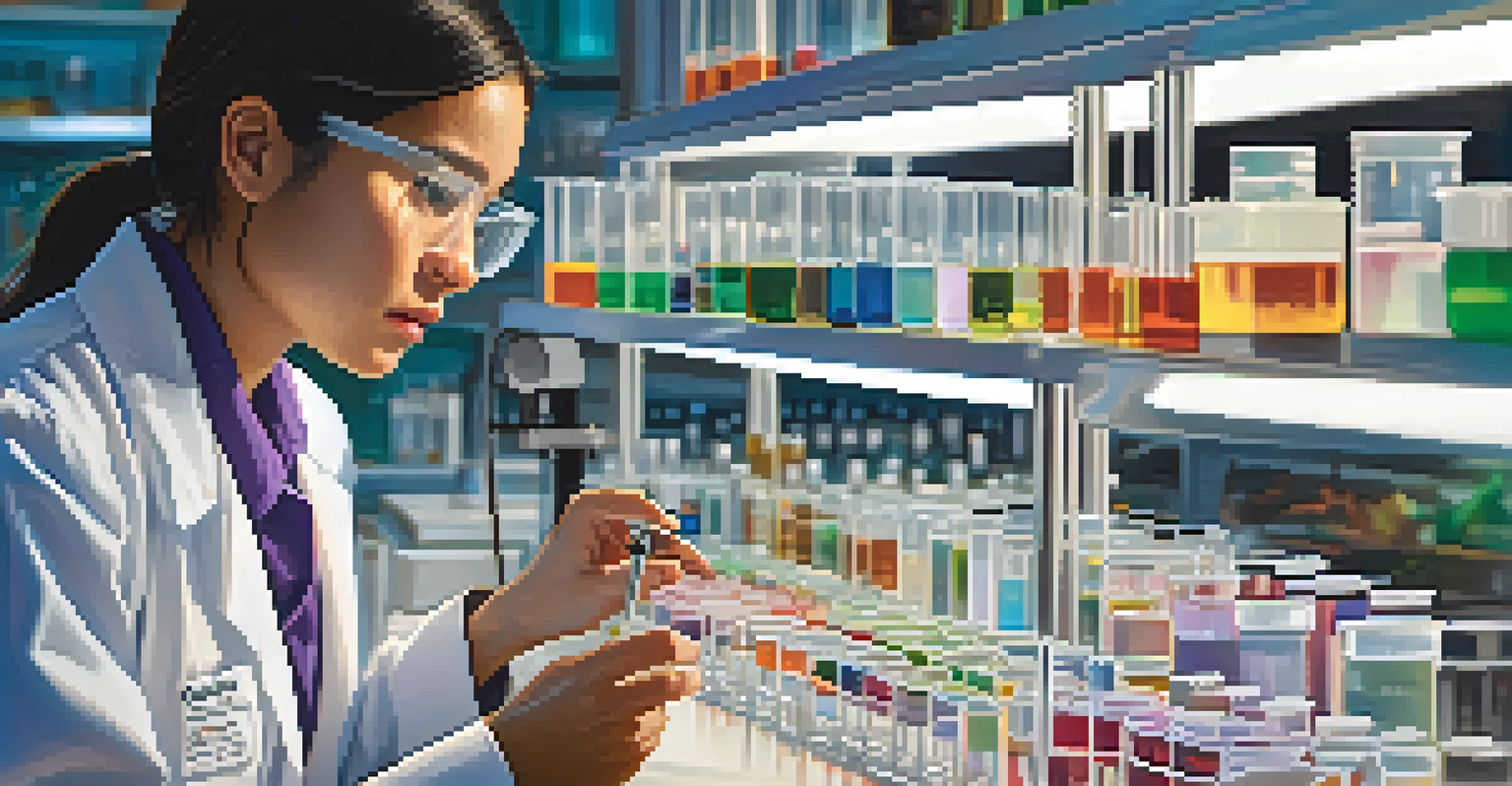 A researcher in a lab coat examining a petri dish with colorful bacterial cultures in a well-lit laboratory filled with scientific equipment.