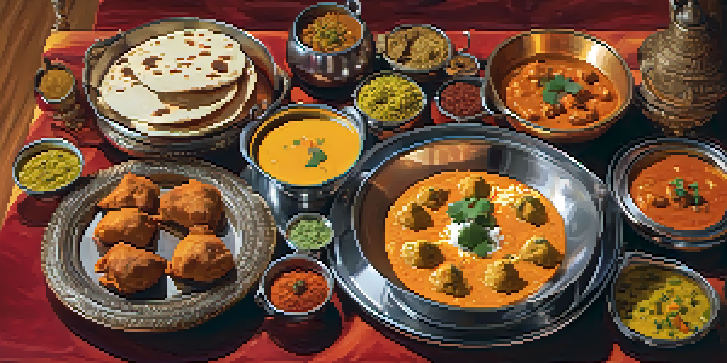 A colorful thali platter with Indian dishes in a warm restaurant setting with soft lighting.