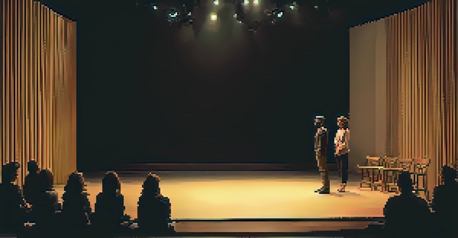 An intimate theater setting with warm lighting, focusing on an actor performing on stage while the audience watches attentively.