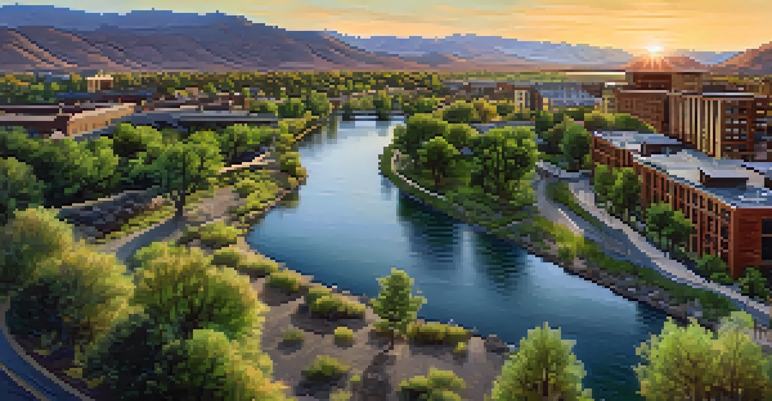 An aerial view of the Truckee River corridor in Reno, featuring green spaces and walking paths with people enjoying outdoor activities during sunset.