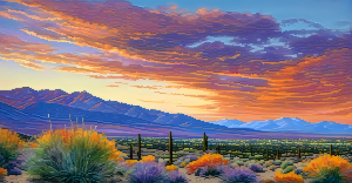 A panoramic view of Reno with the Sierra Nevada mountains in the background during a vibrant sunset, featuring a hiking trail.