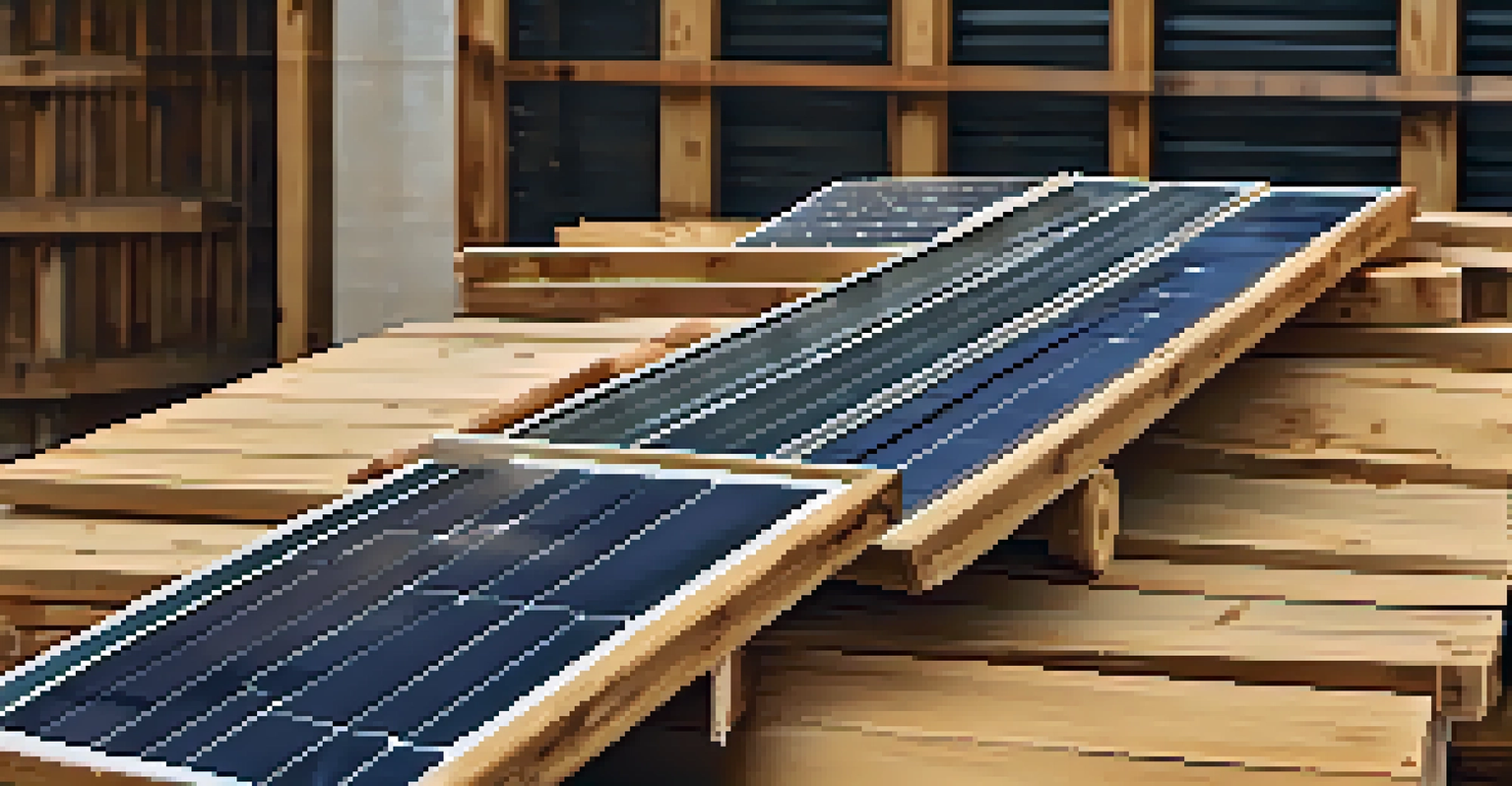 A selection of eco-friendly building materials on a wooden table, showcasing bamboo, recycled wood, and solar panels.