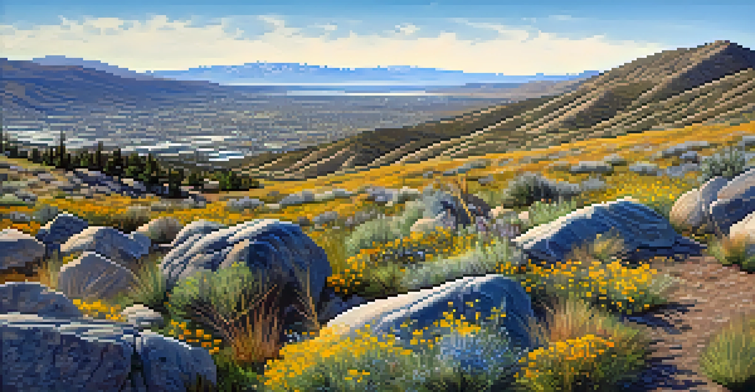 A panoramic view of Reno from Peavine Peak, with wildflowers and mountains in the background.