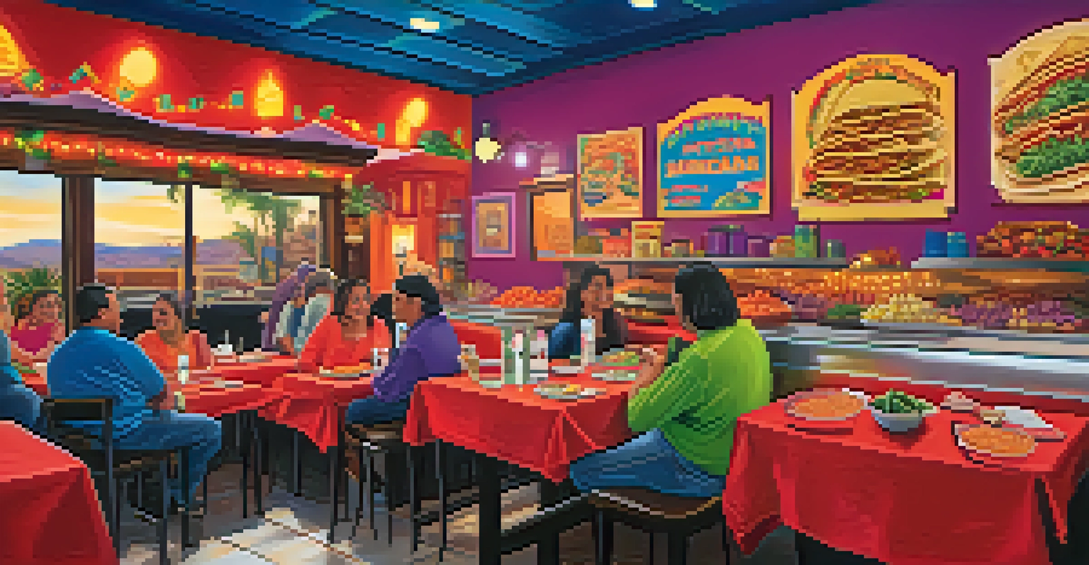 A festive table filled with Mexican dishes in a colorful restaurant setting.