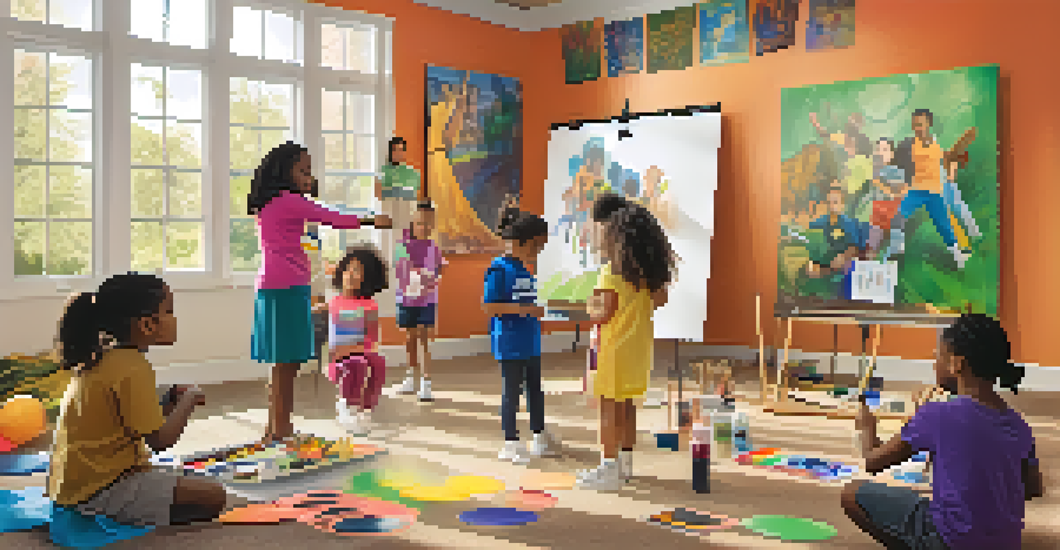 A community theater workshop with children participating in creative activities, surrounded by art supplies and costumes.