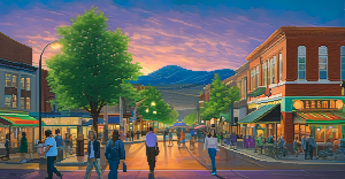 A scenic view of Reno's Historic Downtown District at sunset, featuring the illuminated Reno Arch and vibrant architectural styles.
