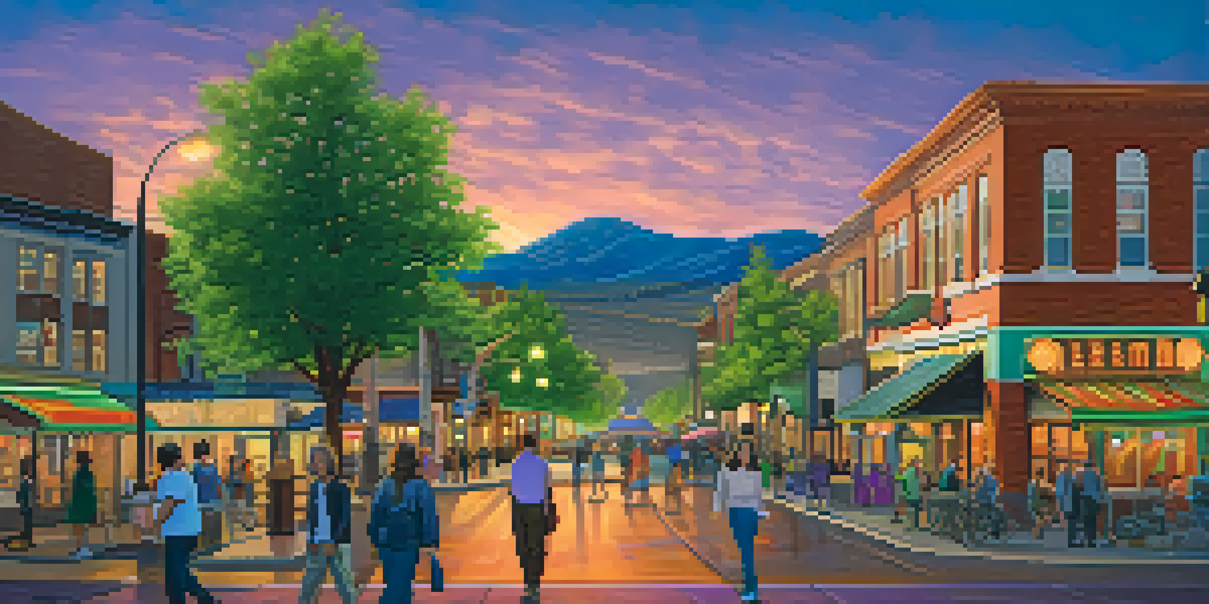 A scenic view of Reno's Historic Downtown District at sunset, featuring the illuminated Reno Arch and vibrant architectural styles.