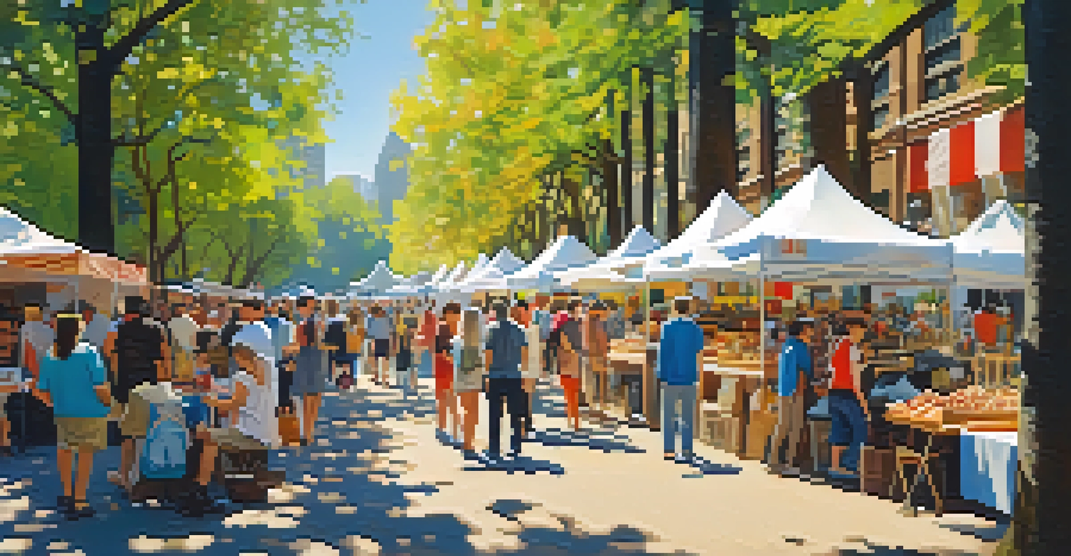 A bustling outdoor art festival in a park, with artists displaying their artwork and visitors engaging with the pieces under the sunlight.