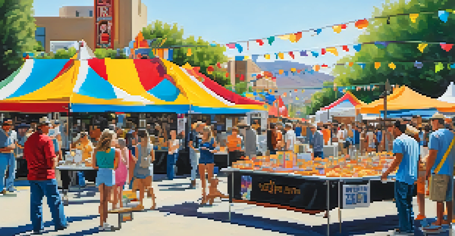 Local artists displaying their colorful artwork at Reno Art Fest, with festival-goers admiring installations and a lively atmosphere.