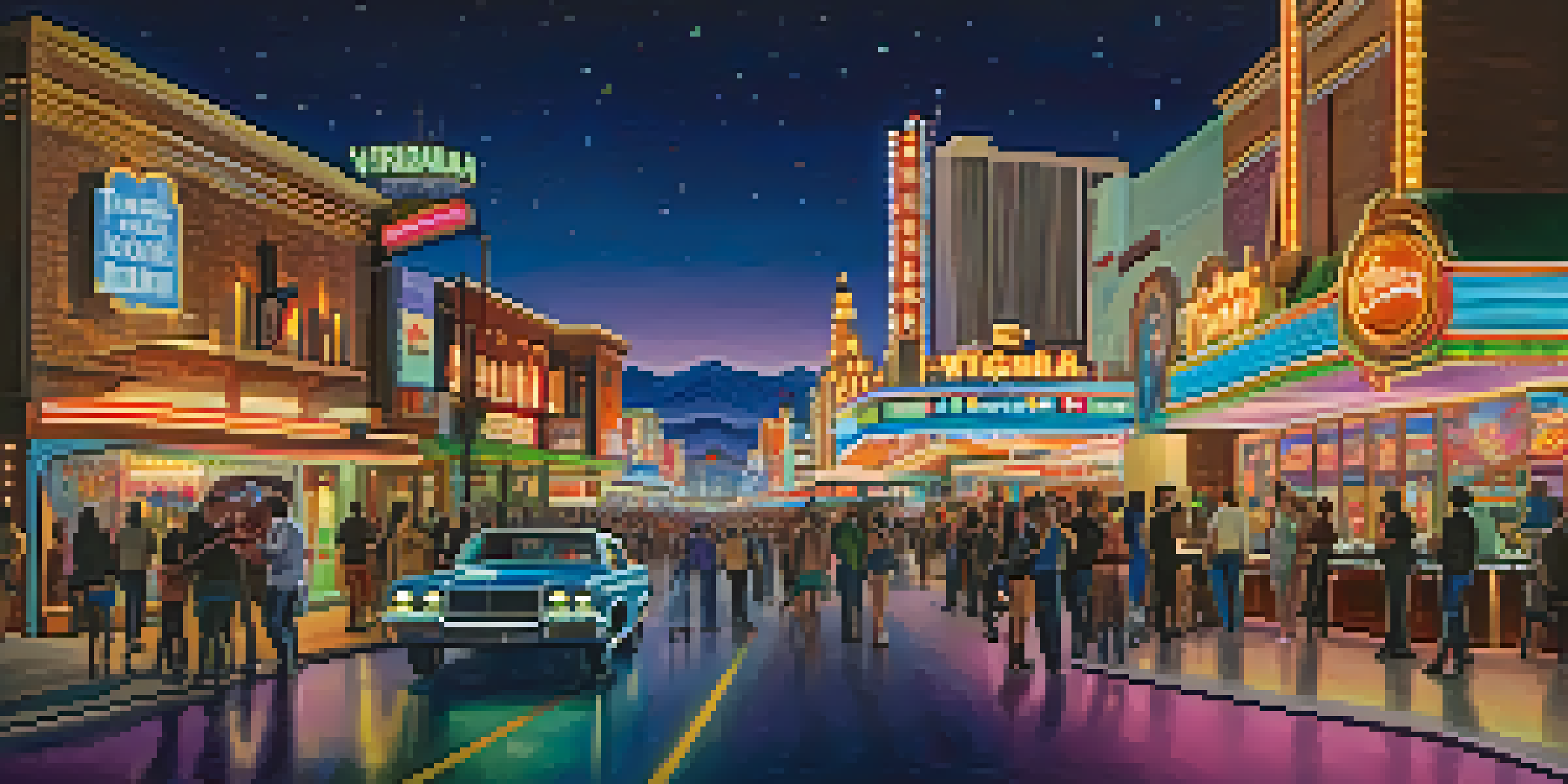 A lively street scene in Reno with colorful casinos and people enjoying the atmosphere, set against the Sierra Nevada mountains and a starry sky.