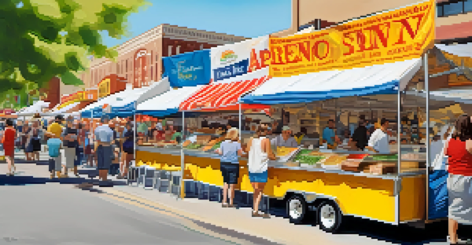 A vibrant scene of food stalls at the Reno Artown Festival, showcasing local vendors and festival-goers enjoying gourmet dishes and artisan snacks.