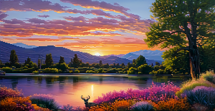 A picturesque sunset over the Sierra Nevada mountains with a riverbank and deer grazing.
