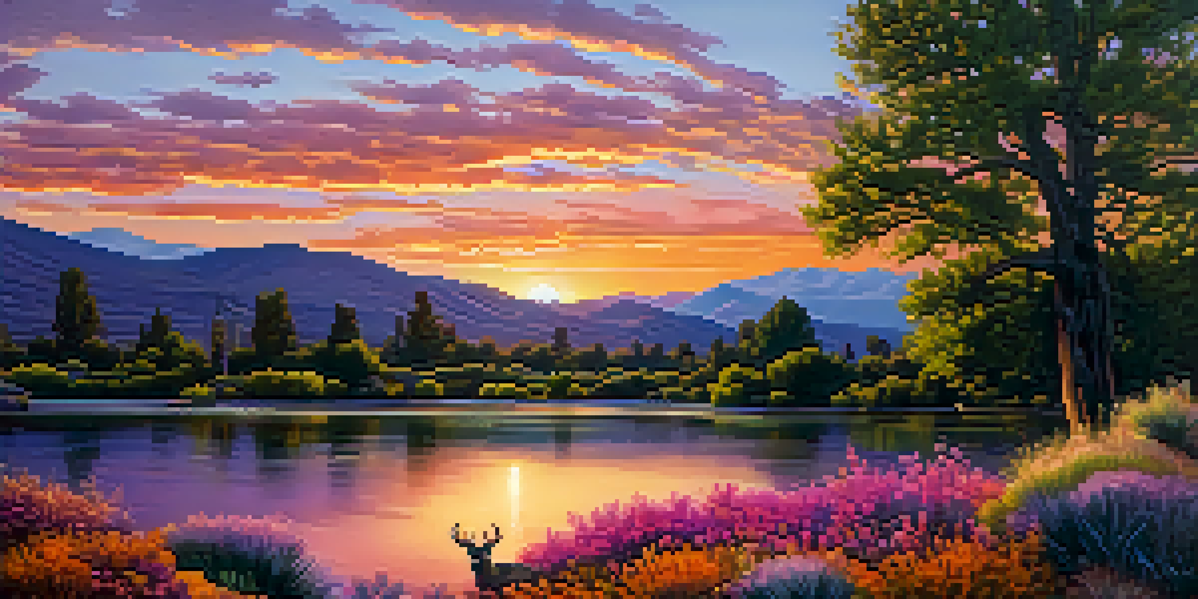 A picturesque sunset over the Sierra Nevada mountains with a riverbank and deer grazing.