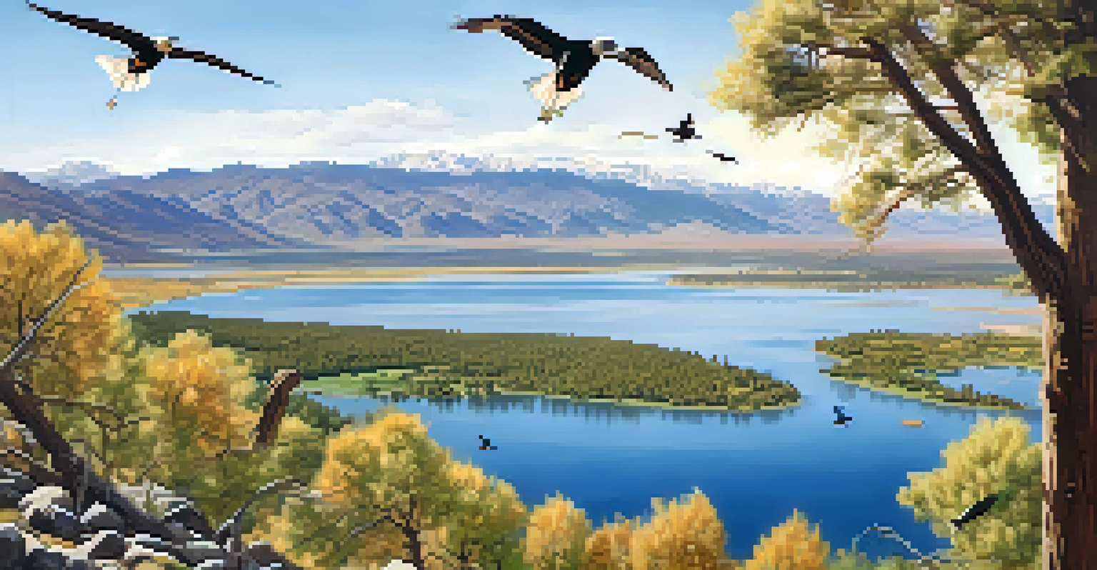 An aerial view of Washoe Lake State Park with birds flying over the lake.