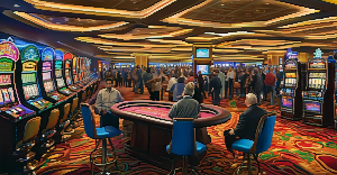 A busy casino floor in Reno, filled with gaming machines and tables, with players enjoying various games in a colorful and vibrant atmosphere.