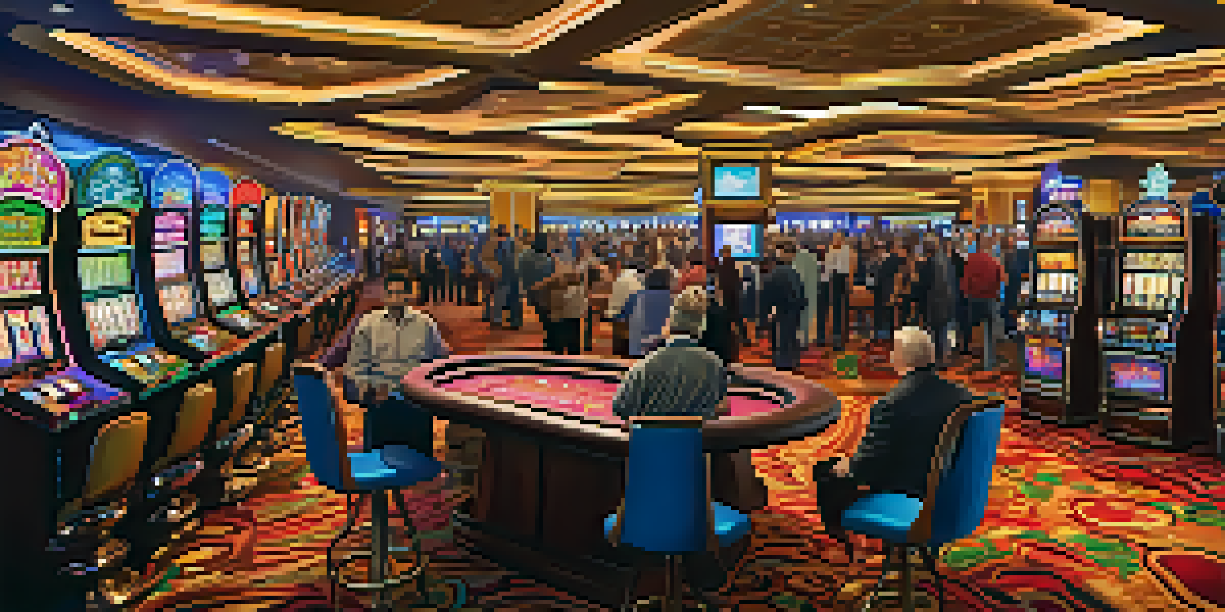 A busy casino floor in Reno, filled with gaming machines and tables, with players enjoying various games in a colorful and vibrant atmosphere.