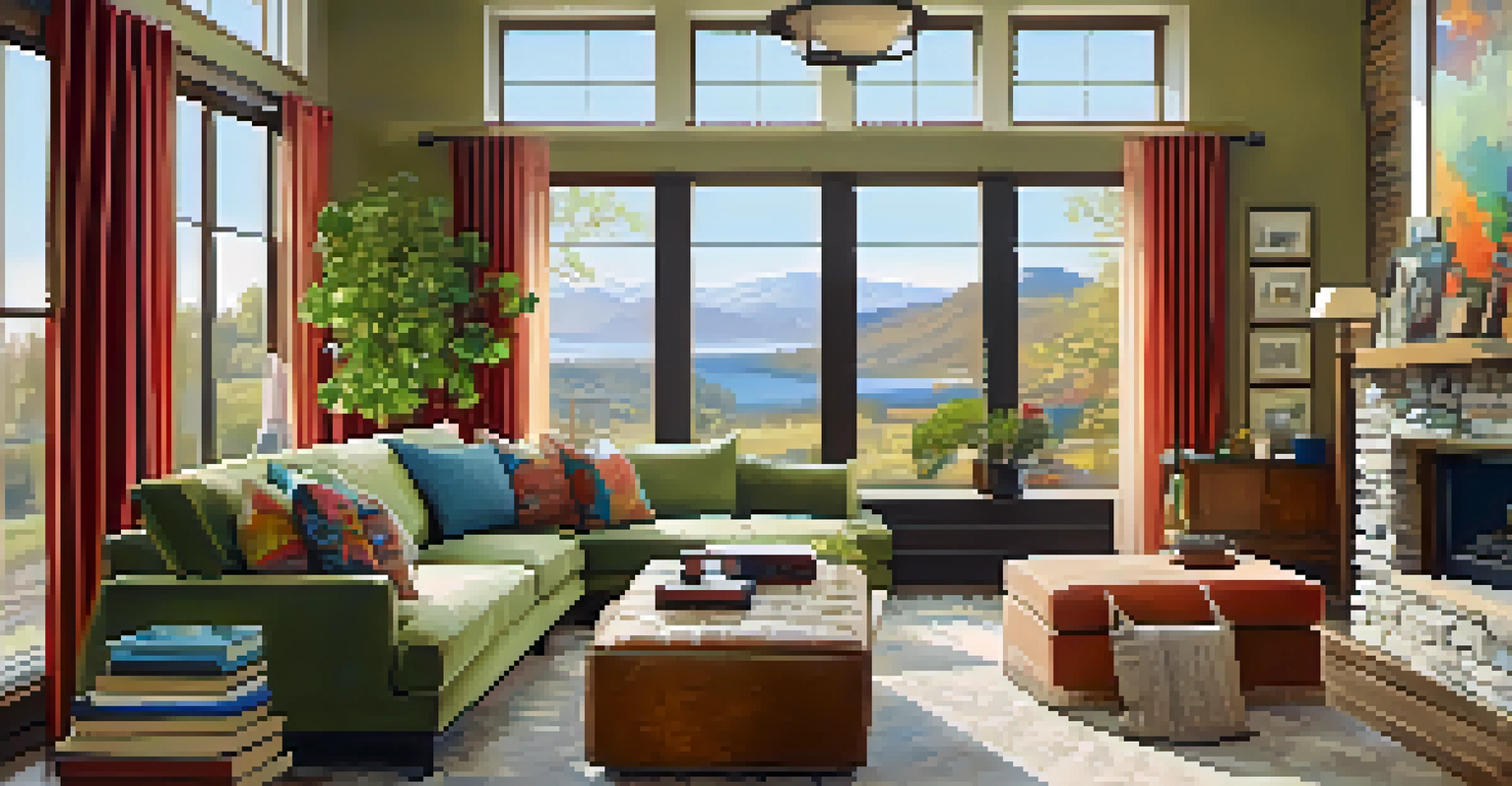 A cozy living room interior in a modern style with a sofa, coffee table, and large windows letting in natural light.