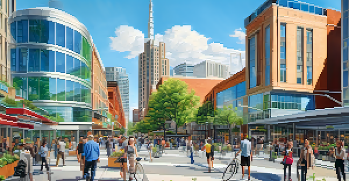 A vibrant cityscape of Reno featuring modern buildings with green roofs and solar panels, with people walking and biking under a clear blue sky.