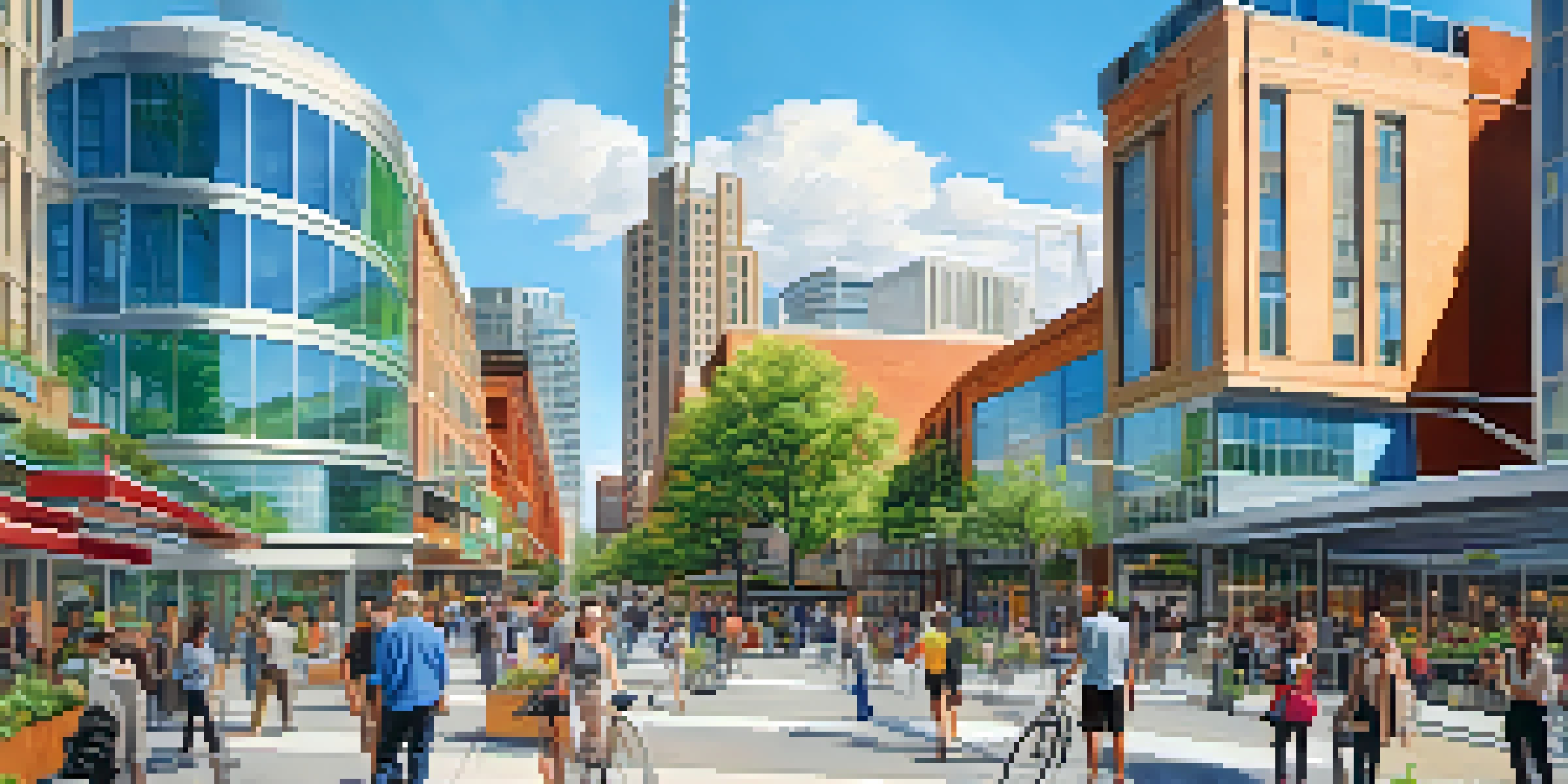 A vibrant cityscape of Reno featuring modern buildings with green roofs and solar panels, with people walking and biking under a clear blue sky.