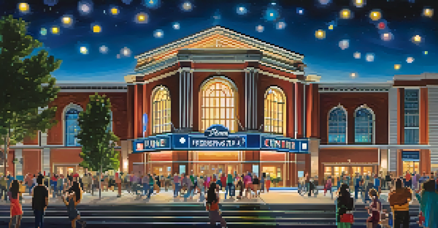 A vibrant night scene of the Pioneer Center for the Performing Arts in Reno, with illuminated architecture and a lively crowd.