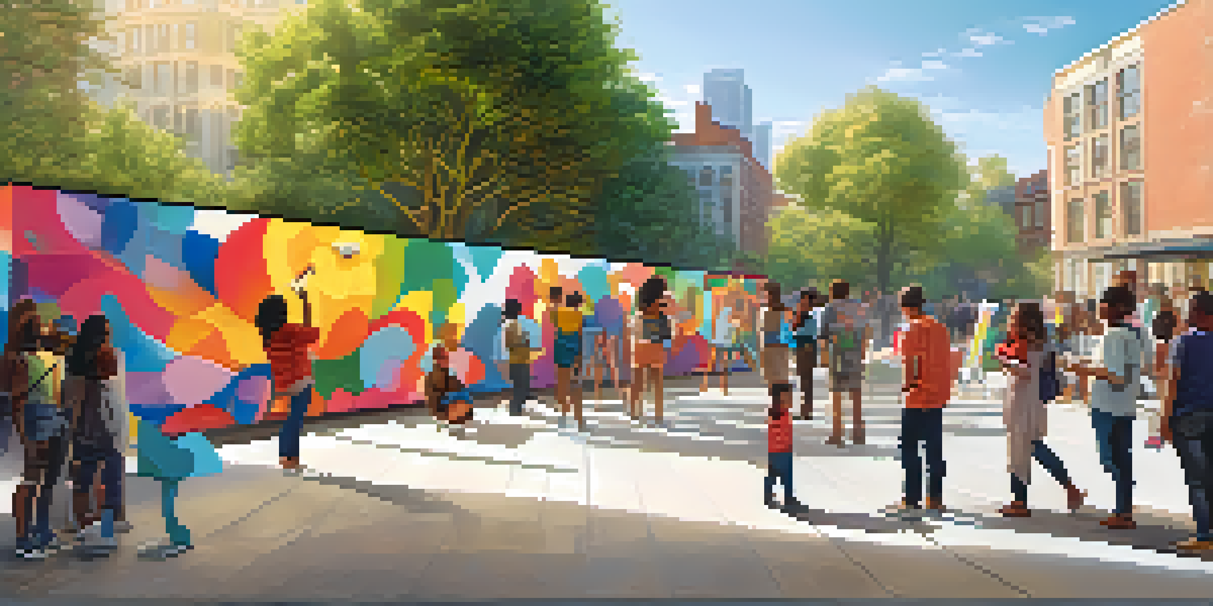 A lively public space with a colorful mural where people are contributing their designs, surrounded by greenery and urban architecture.