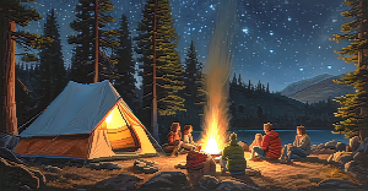 A camping scene under a starry sky with friends gathered around a campfire in the Sierra Nevada Mountains.