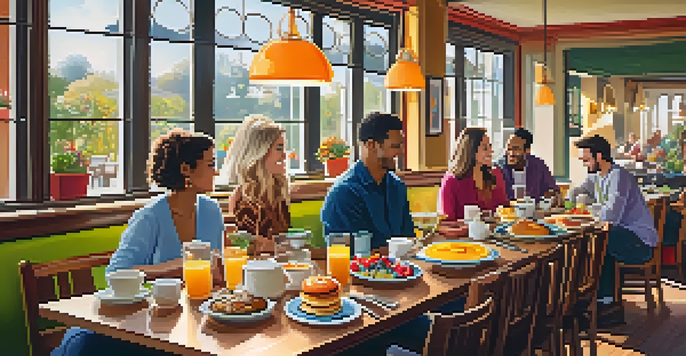 A cozy café brunch table filled with colorful dishes like pancakes and omelets, with happy diners and warm lighting.