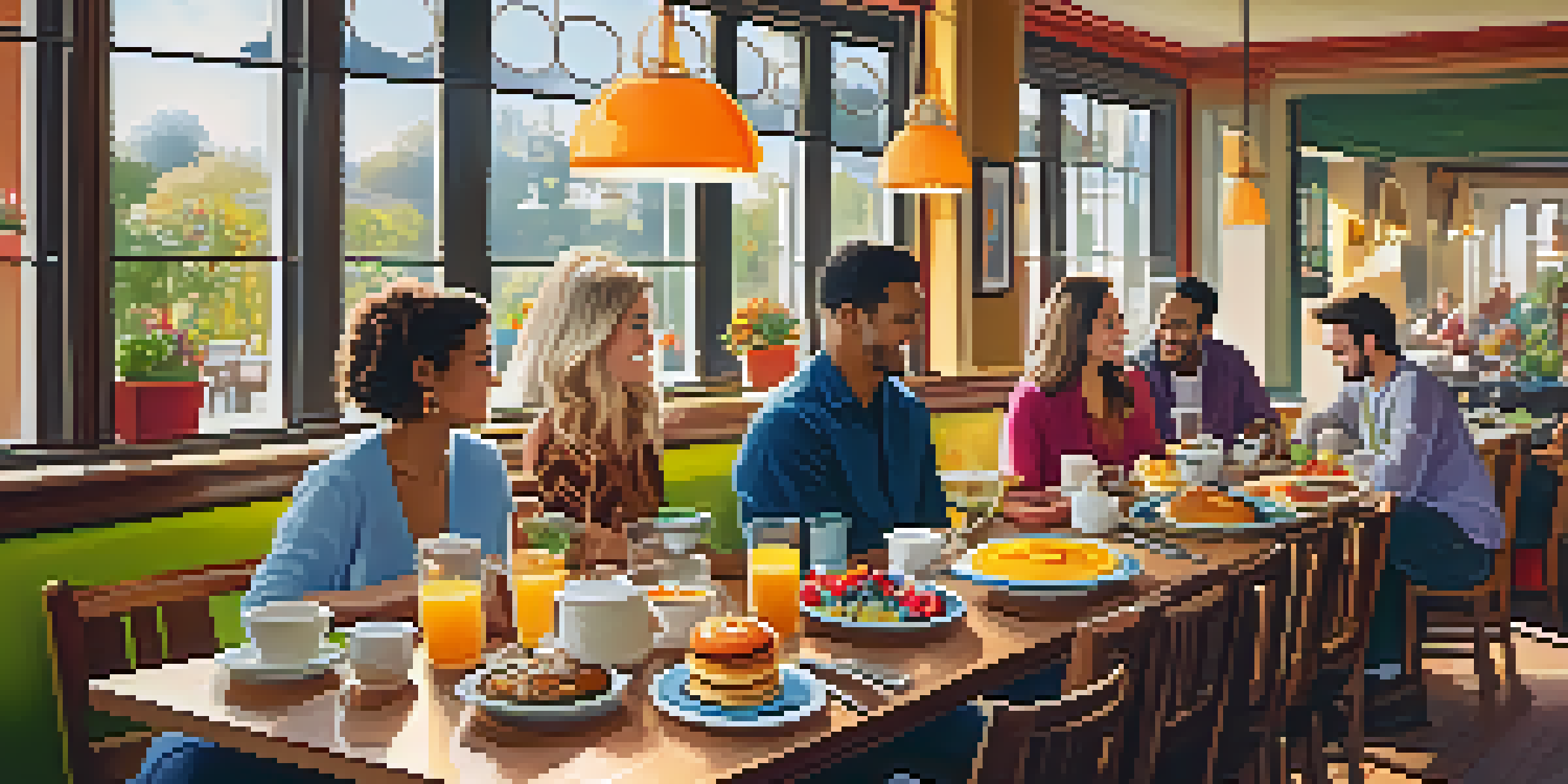 A cozy café brunch table filled with colorful dishes like pancakes and omelets, with happy diners and warm lighting.