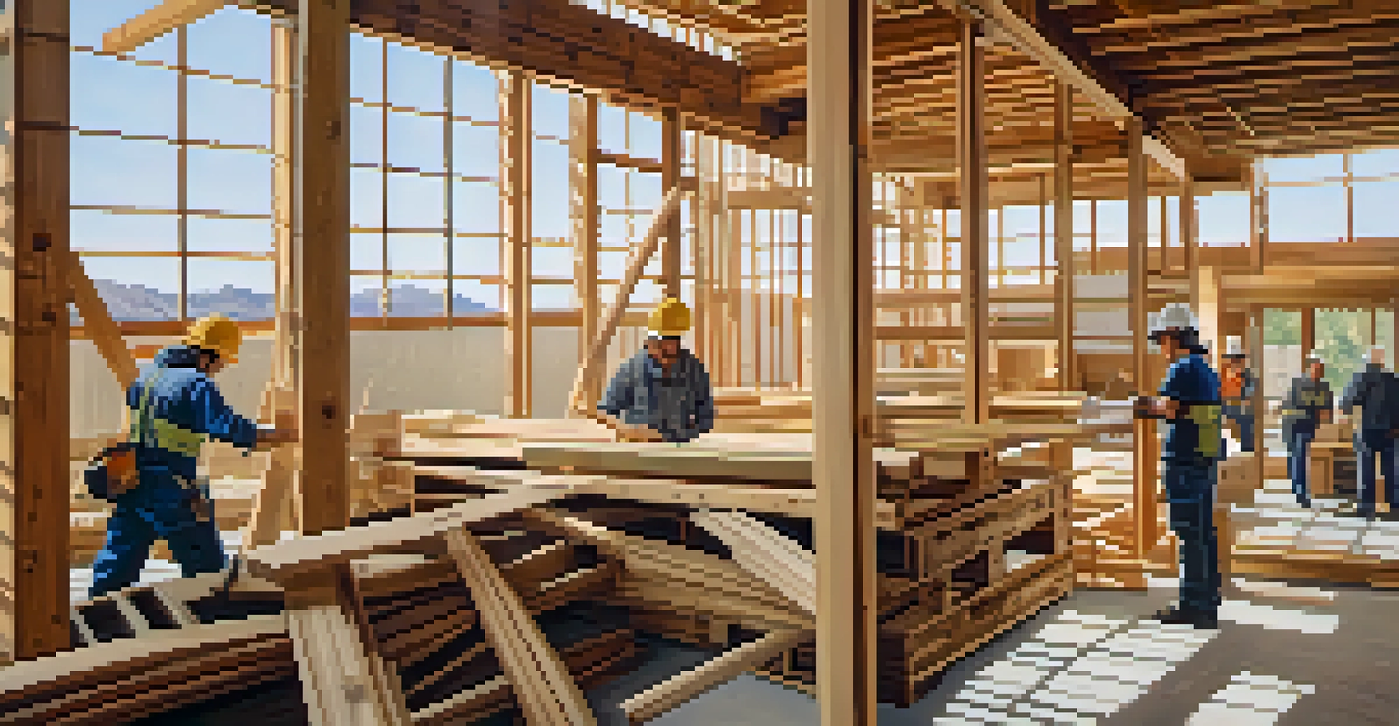 A construction site in Reno with workers using bamboo and reclaimed wood, showcasing advanced technology like 3D printing in natural light.