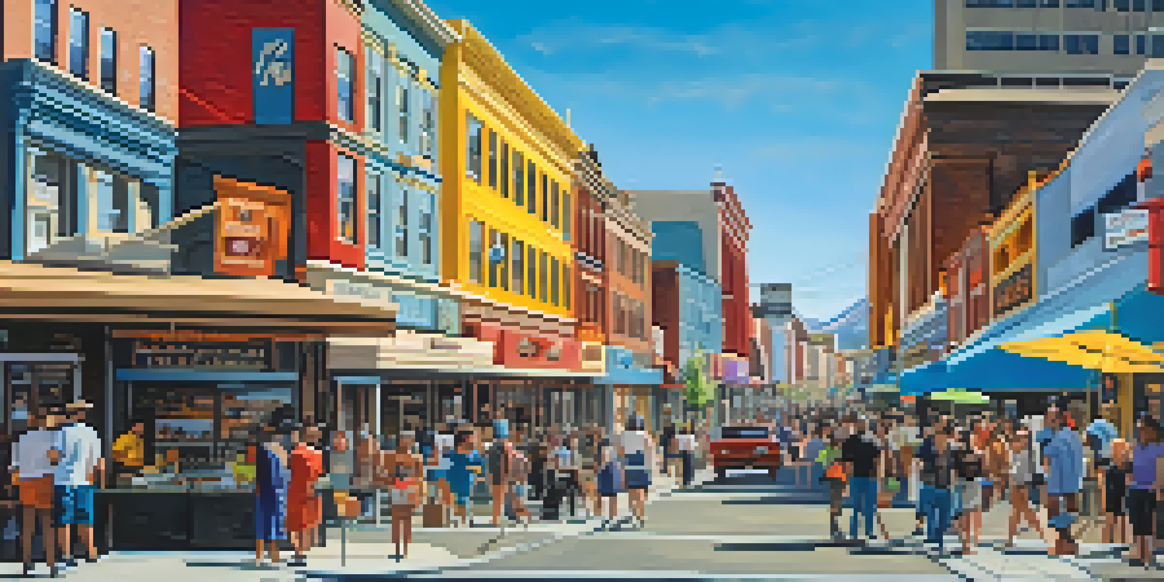 A lively downtown Reno with colorful buildings and street art, filled with people walking and enjoying the day.