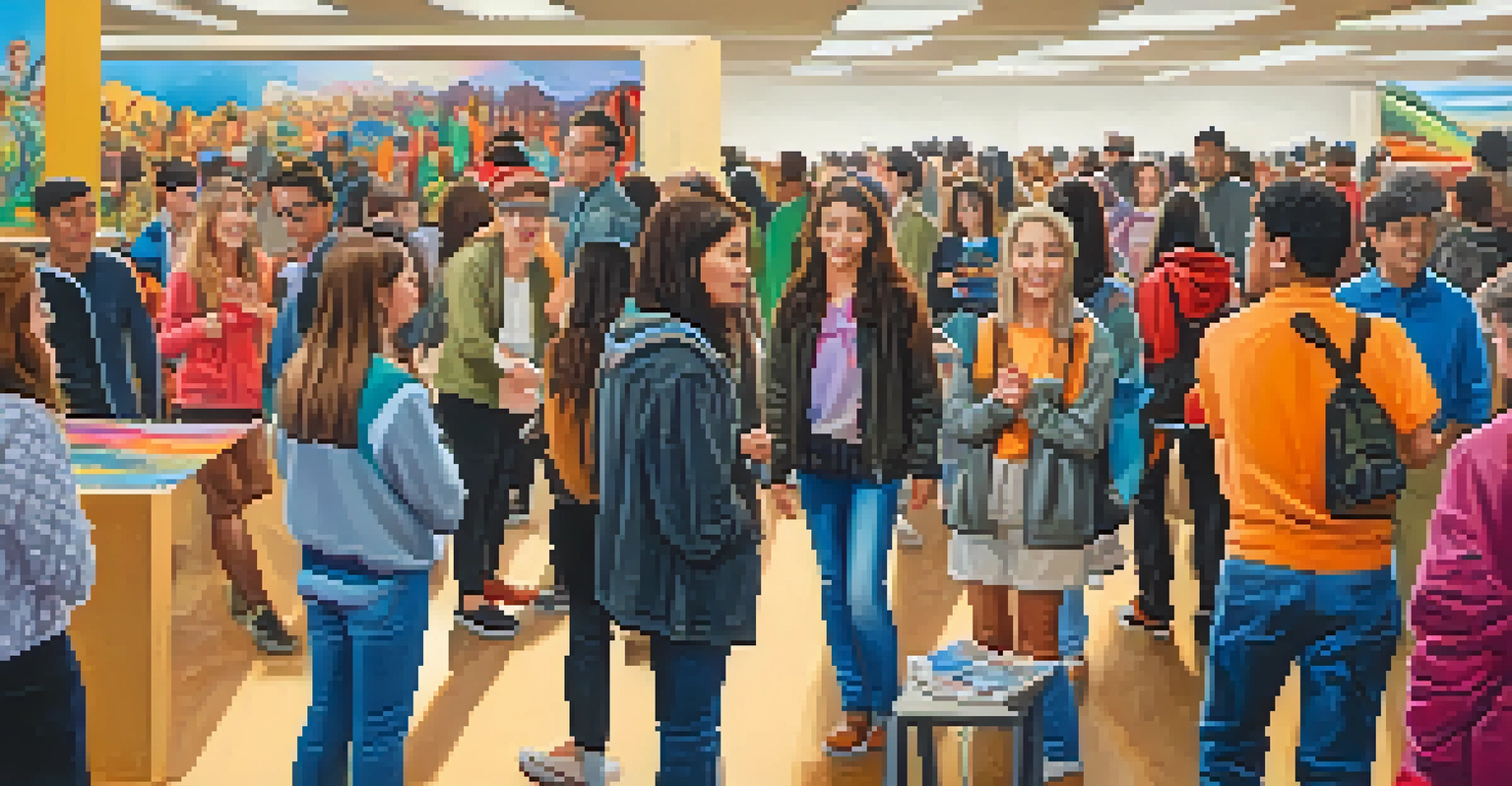 A vibrant art exhibition at the university showcasing local artists' work, with students and community members engaged in discussions in a colorful setting.